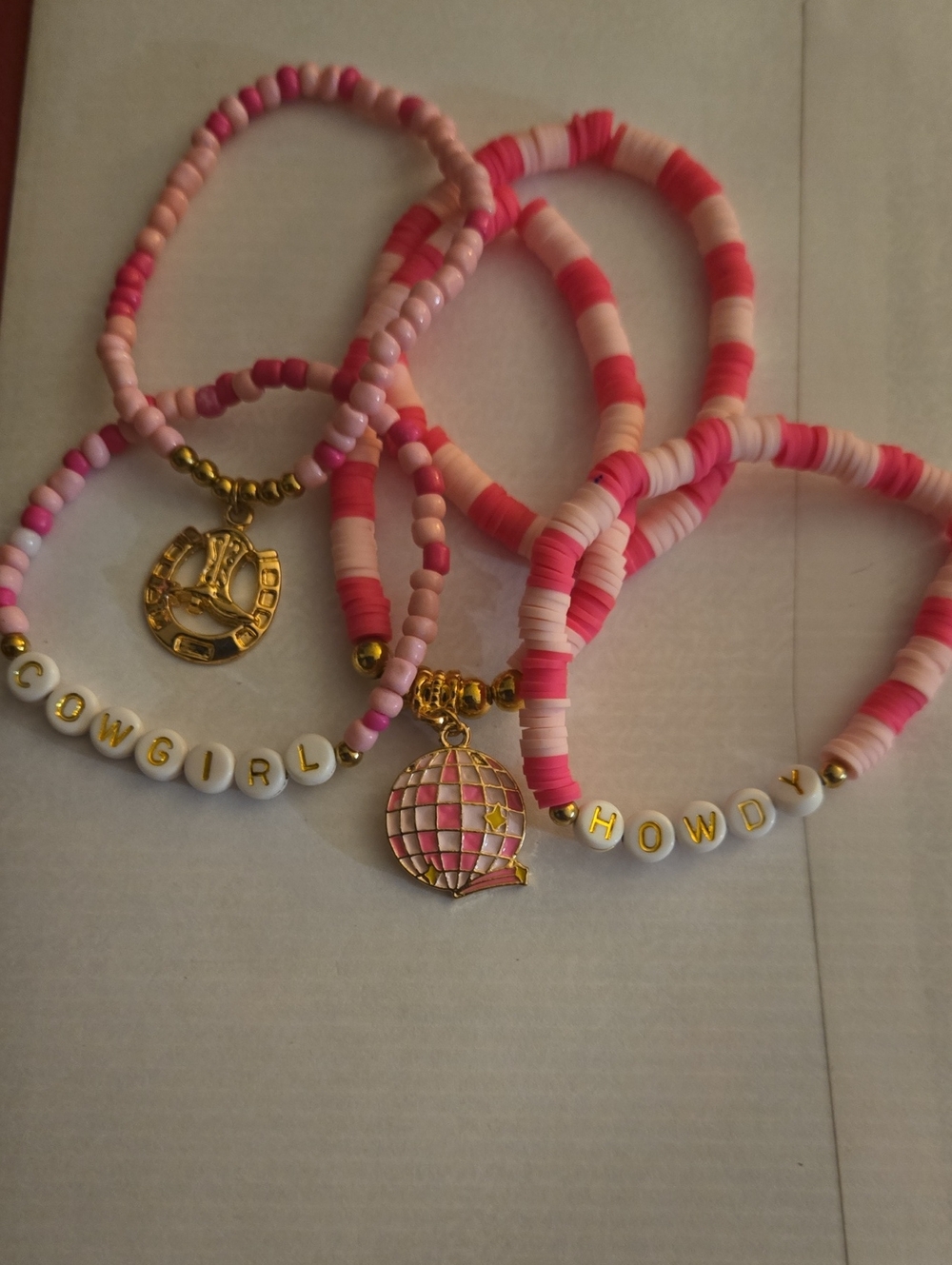 Western Beaded 'Cowgirl Howdy' Pink Charm 5 Bracelet Set